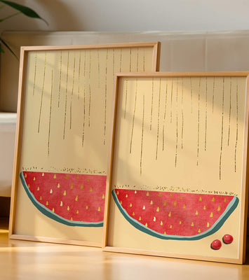 Abstract Watermelon Slice with Gold Accents on Minimalist Background