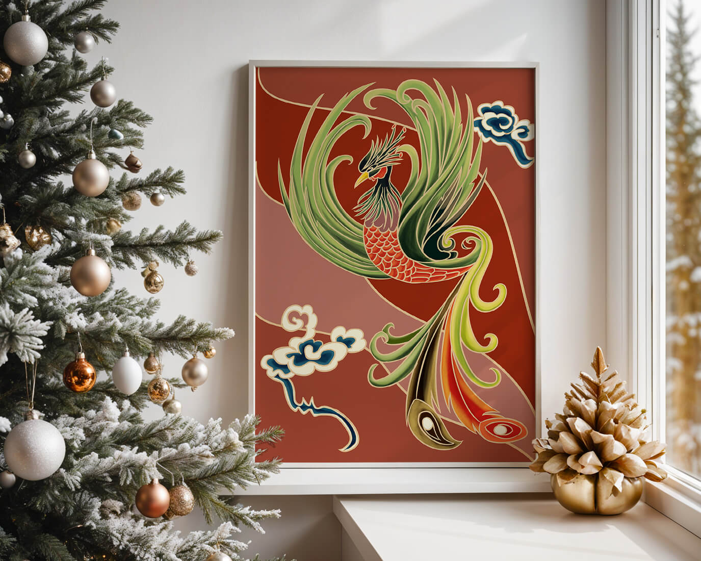 Stylized phoenix illustration with vibrant colors and clouds
