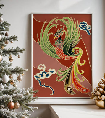 Stylized phoenix illustration with vibrant colors and clouds