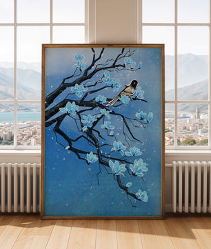 Blue Blossoms on Branch with Bird in Winter Scene