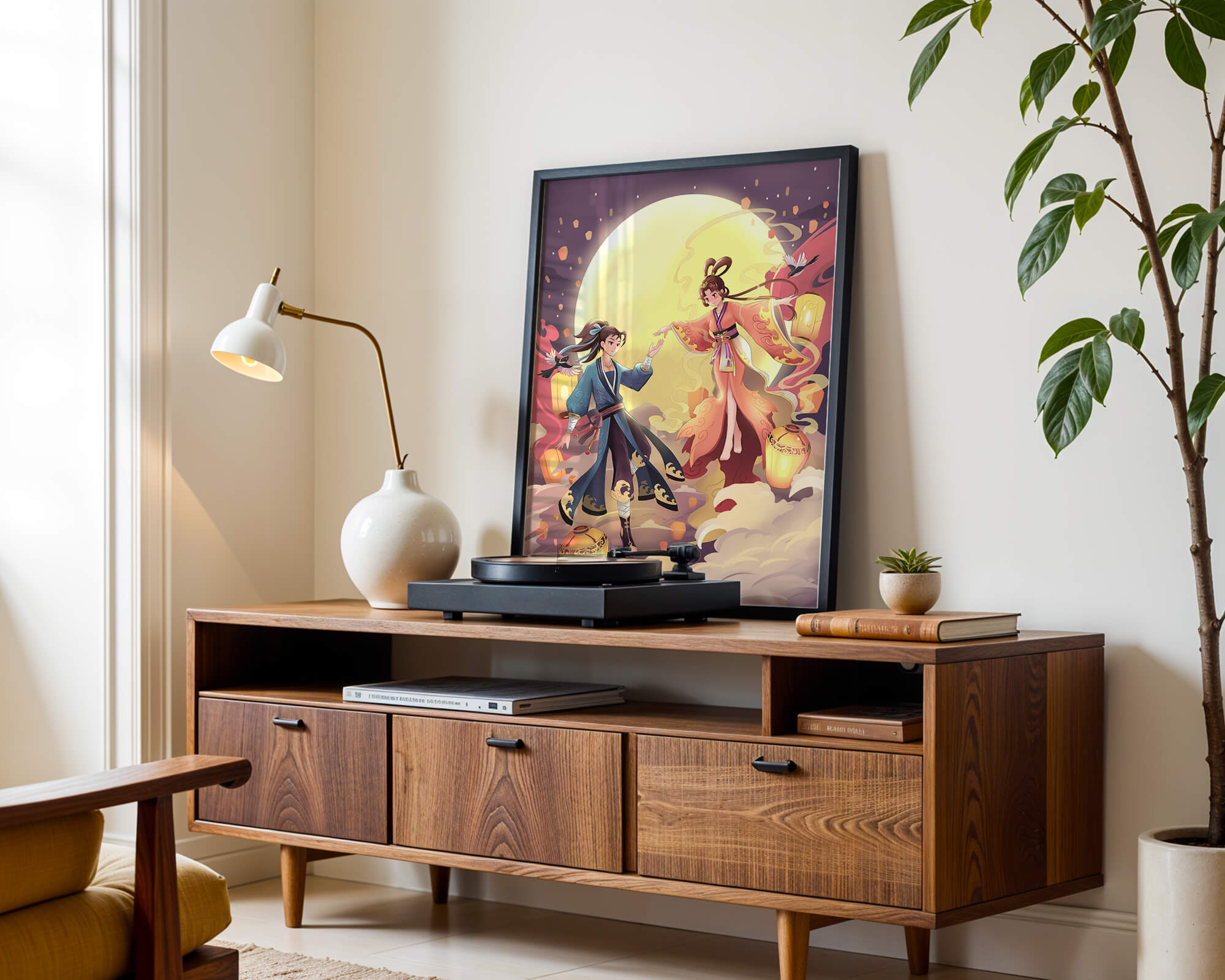 Elegant moonlit fantasy scene with traditional attire