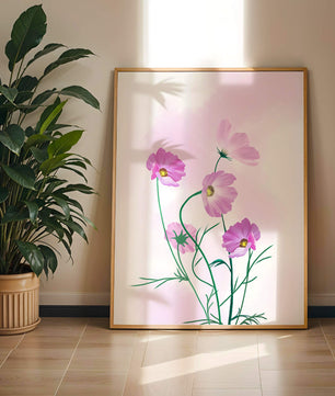 Delicadas flores de cosmos rosa sobre un fondo pastel suave