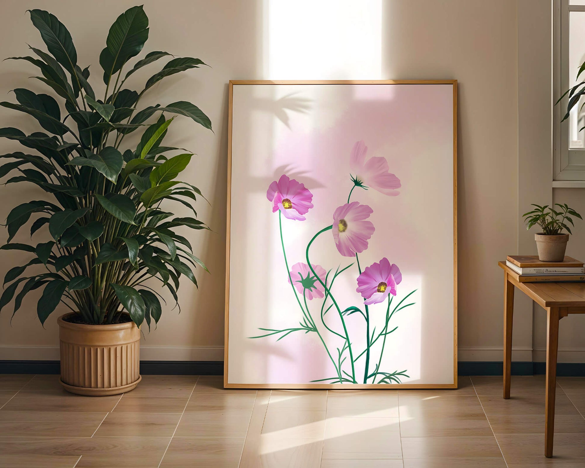 Delicate Pink Cosmos Flowers on Soft Pastel Background