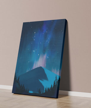 Paisaje montañoso sereno con auroras boreales y bosque oscuro