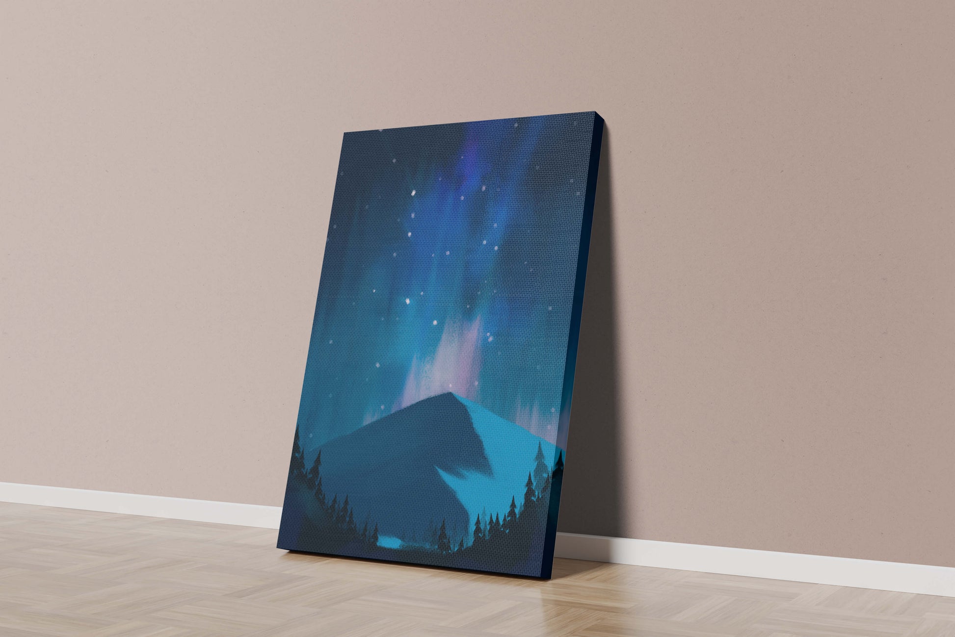 Paisaje montañoso sereno con auroras boreales y bosque oscuro