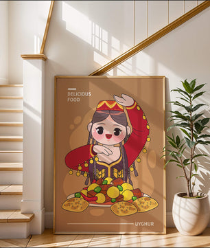 Illustration d’une figure culturelle ouïghoure portant un costume traditionnel et partageant un repas festif