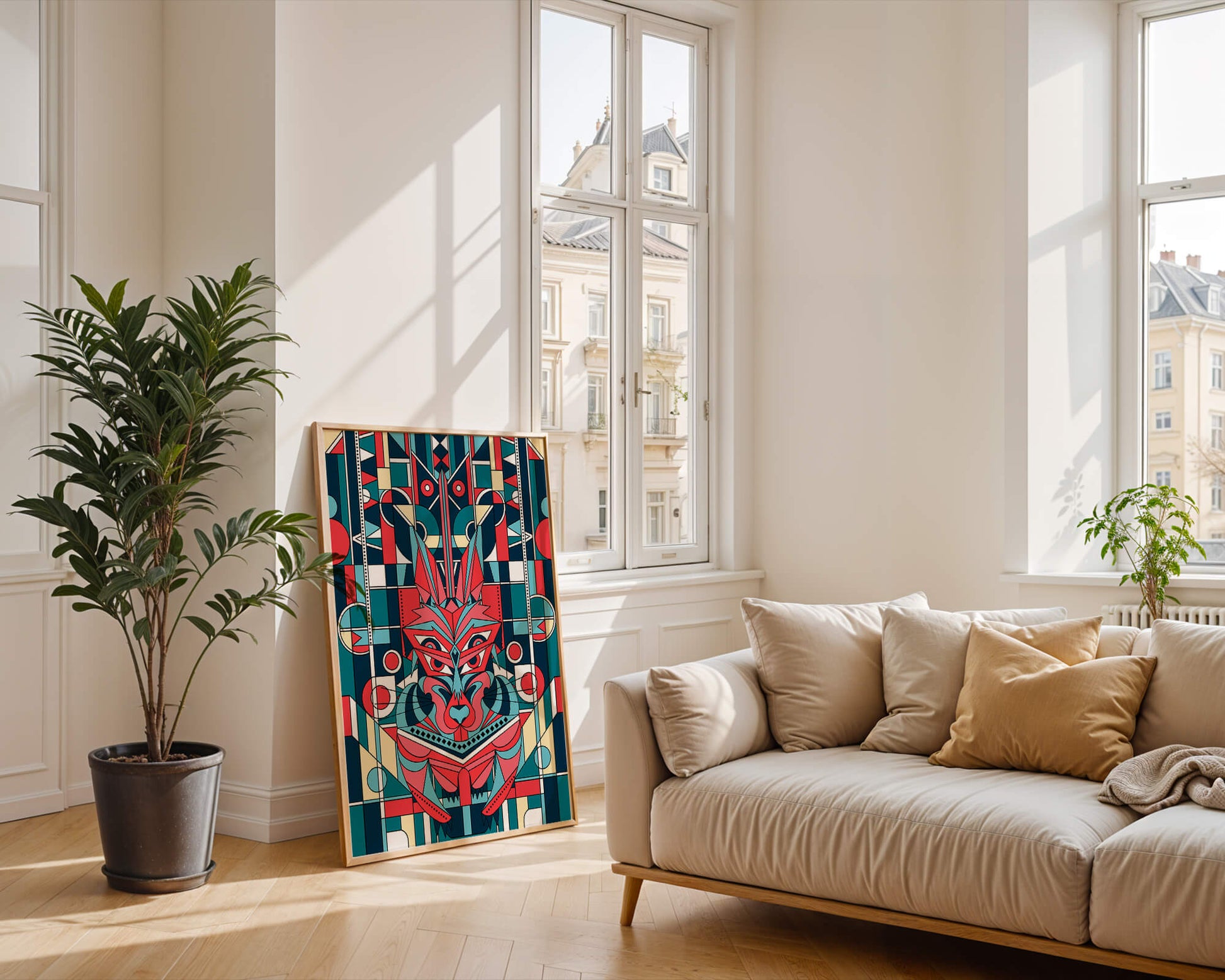 Arte abstracto geométrico de lobo con influencias tribales