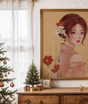 Portrait élégant d'une femme avec des ornements floraux et une expression douce