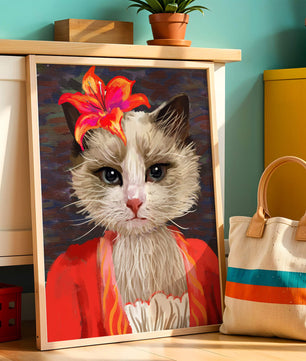 Retrato de gato con acentos de flores vibrantes y atuendo colorido