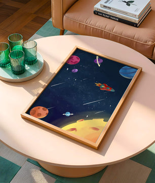 Farbenfrohes Weltraumabenteuer mit Planeten und Raketenillustration
