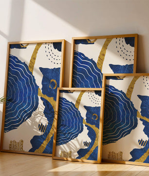 Abstract blue and gold textured artwork with wave patterns