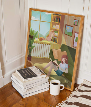 Cozy Living Room with a Reading Girl and Cat by the Window