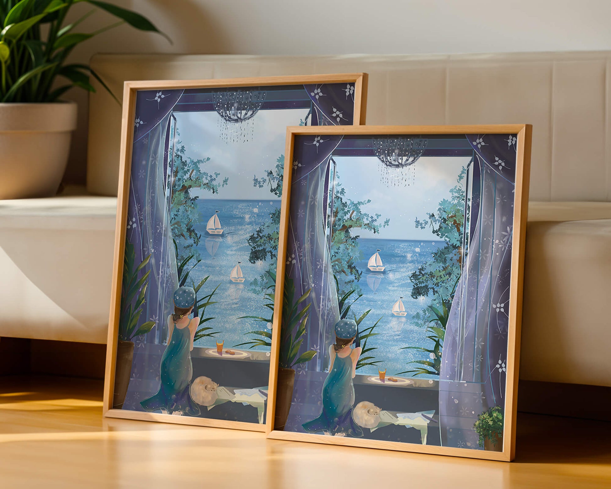 Peaceful Seaside View Through Open Window with Girl and Cat