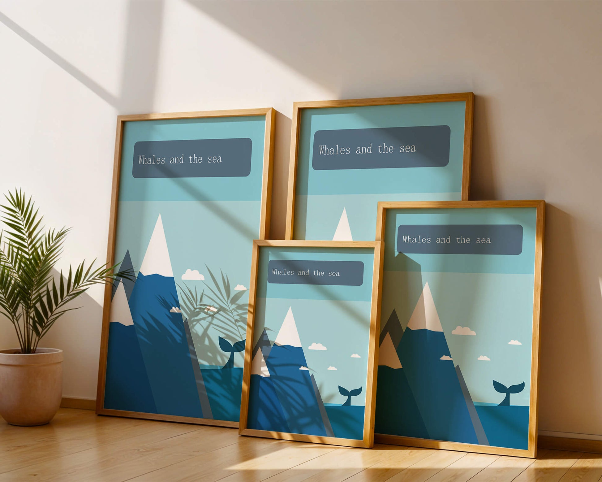 Whale and mountain illustration with sea and sky background