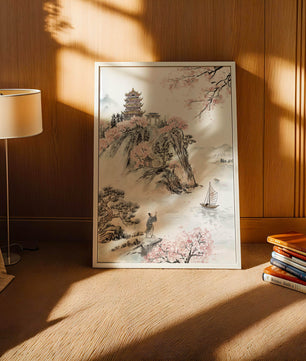 Tranquil Landscape with Cherry Blossoms and Traditional Pagoda