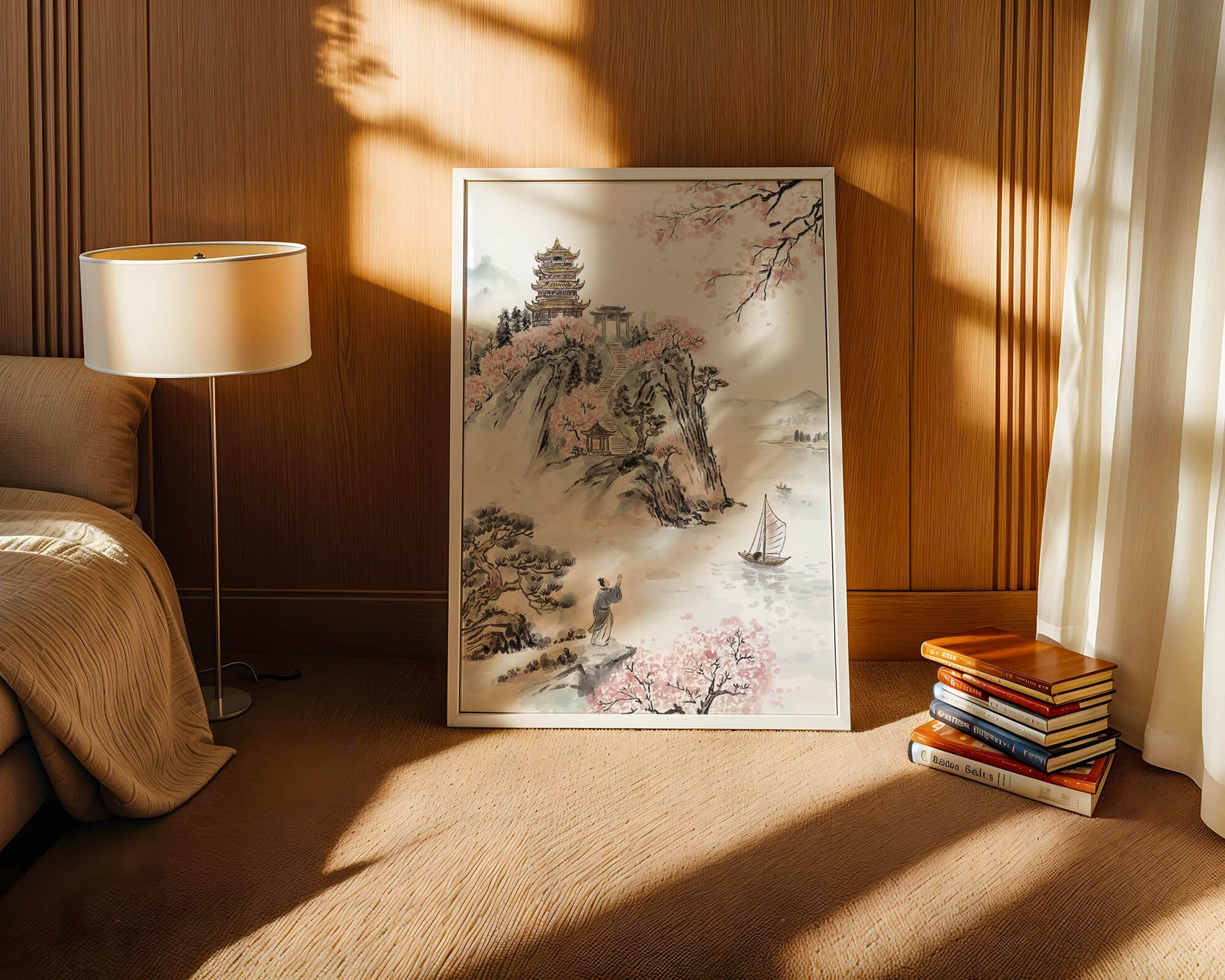 Tranquil Landscape with Cherry Blossoms and Traditional Pagoda