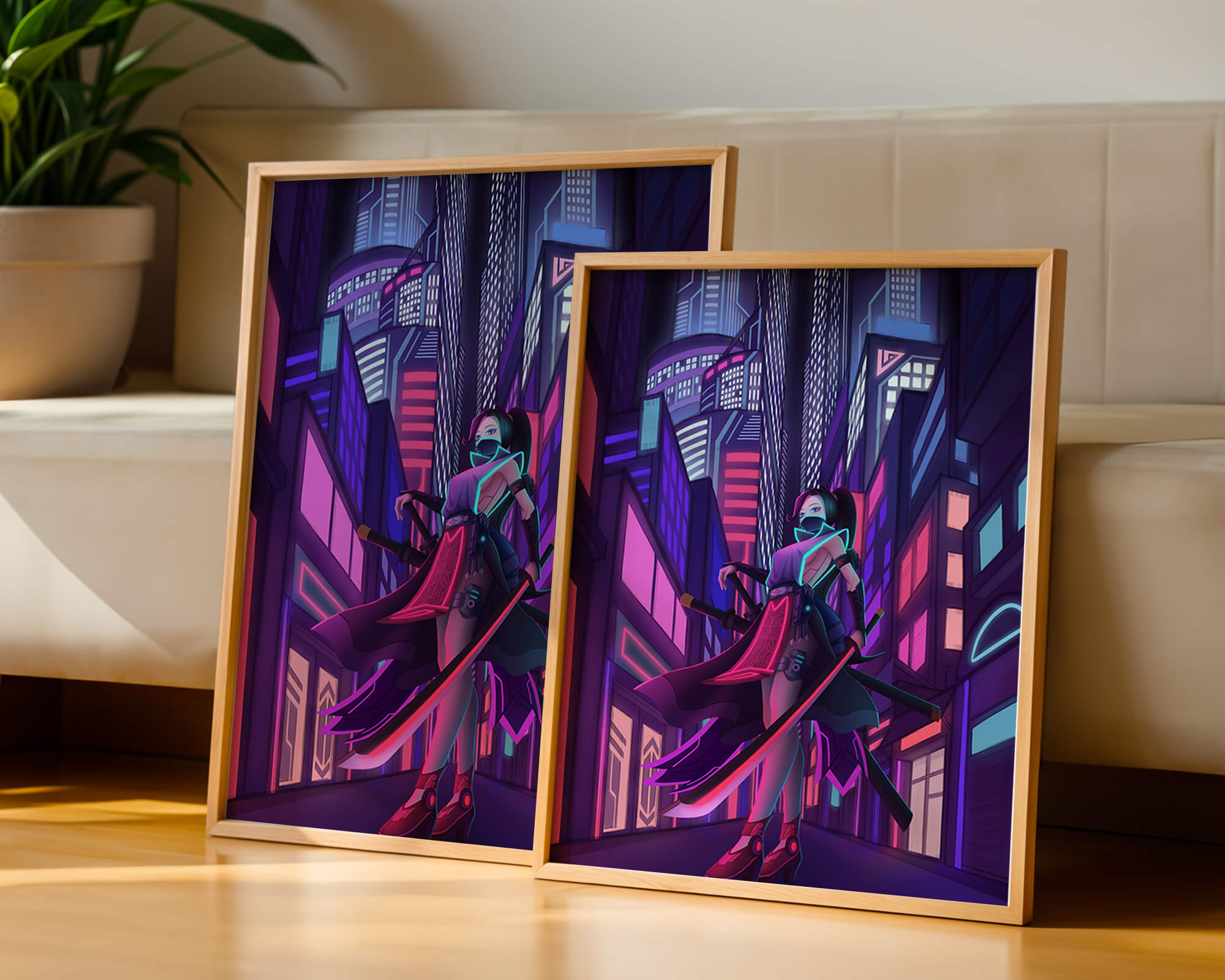 Futuristic cyberpunk cityscape with a female character and neon lights