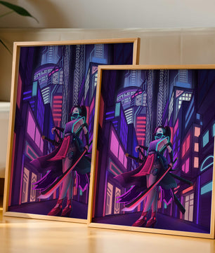 Paisaje urbano futurista de cibercpunk con una protagonista femenina y luces de neón