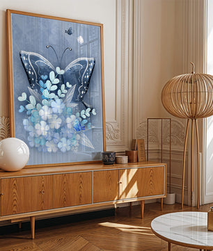Elegant butterfly with blue floral arrangement artwork
