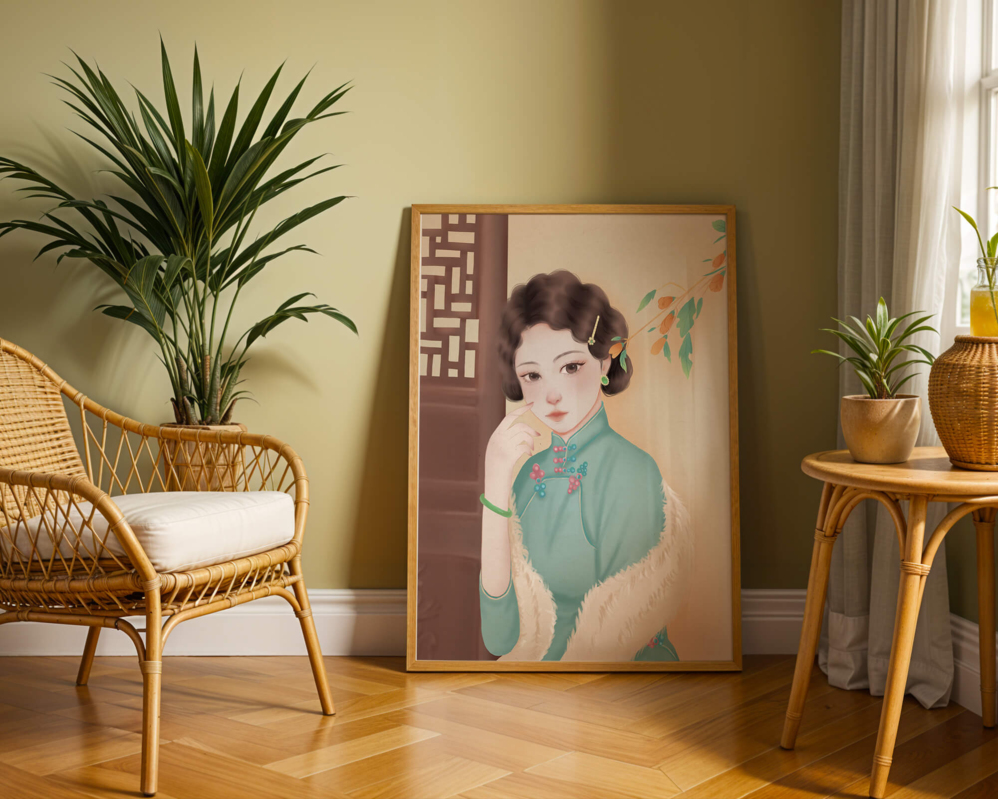 Elegant portrait of a woman in traditional attire with jade accessories