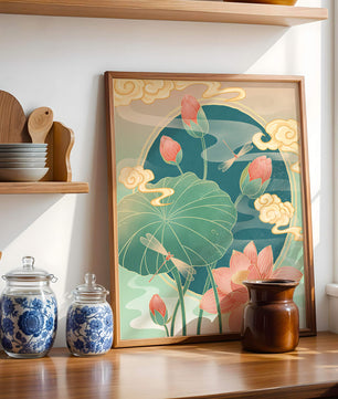 Ruhiges orientalisches Lotus-Design mit Libellen und Wolken