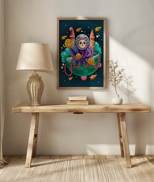 Whimsical space panda illustration with planets and stars