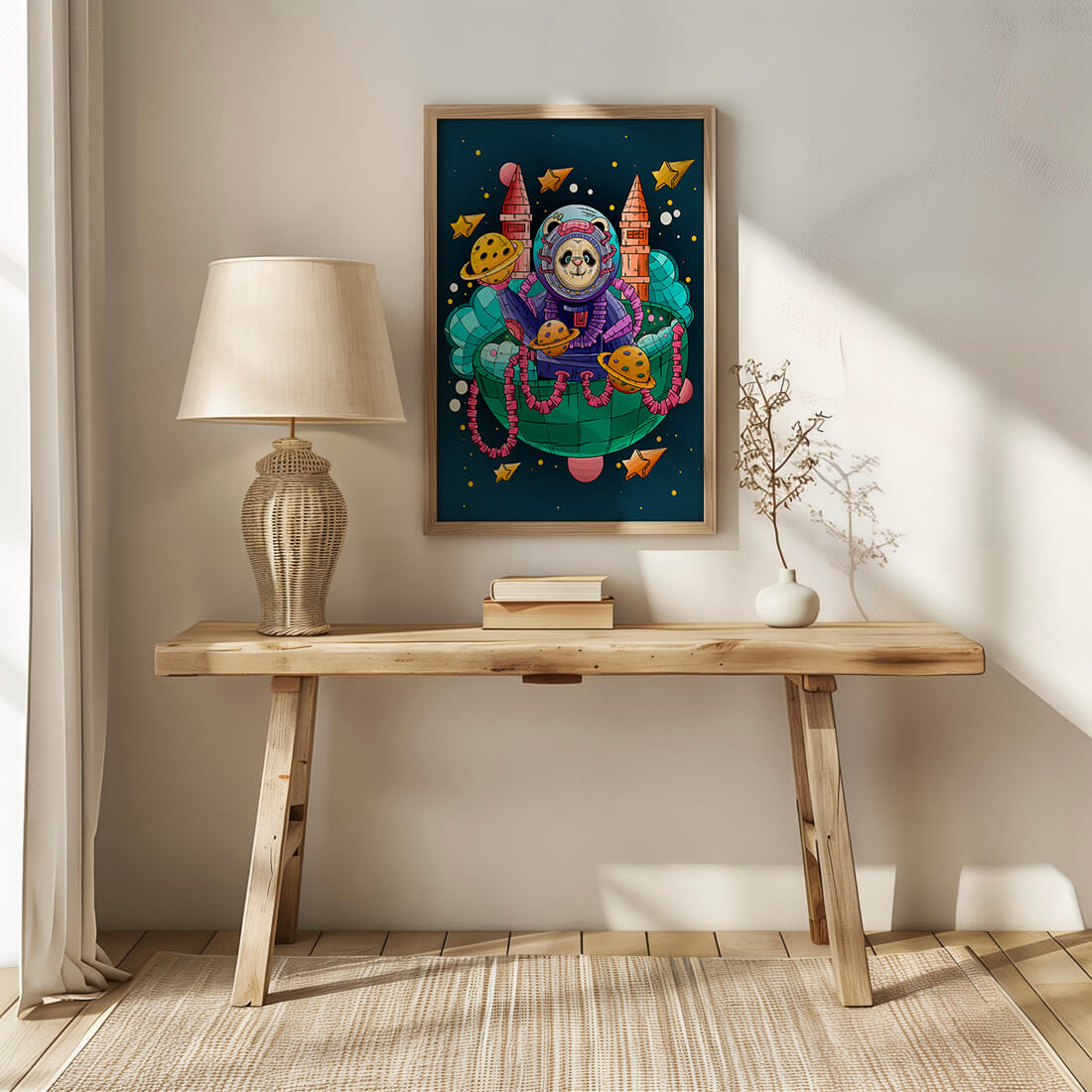 Whimsical space panda illustration with planets and stars
