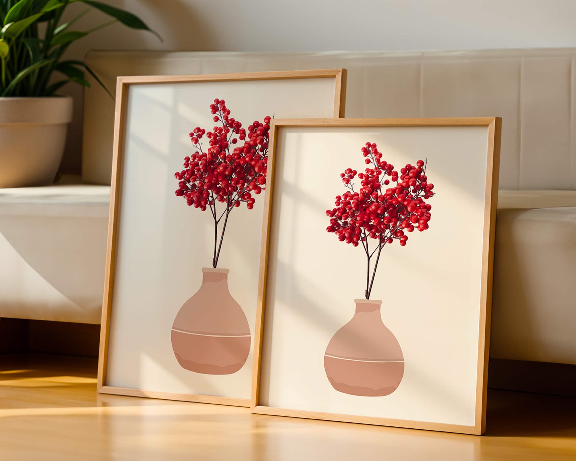 Red berries in minimalist clay vase on neutral background