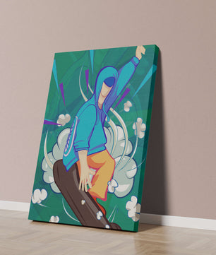 Ilustración abstracta colorida de una persona en movimiento con tonos azules y verdes