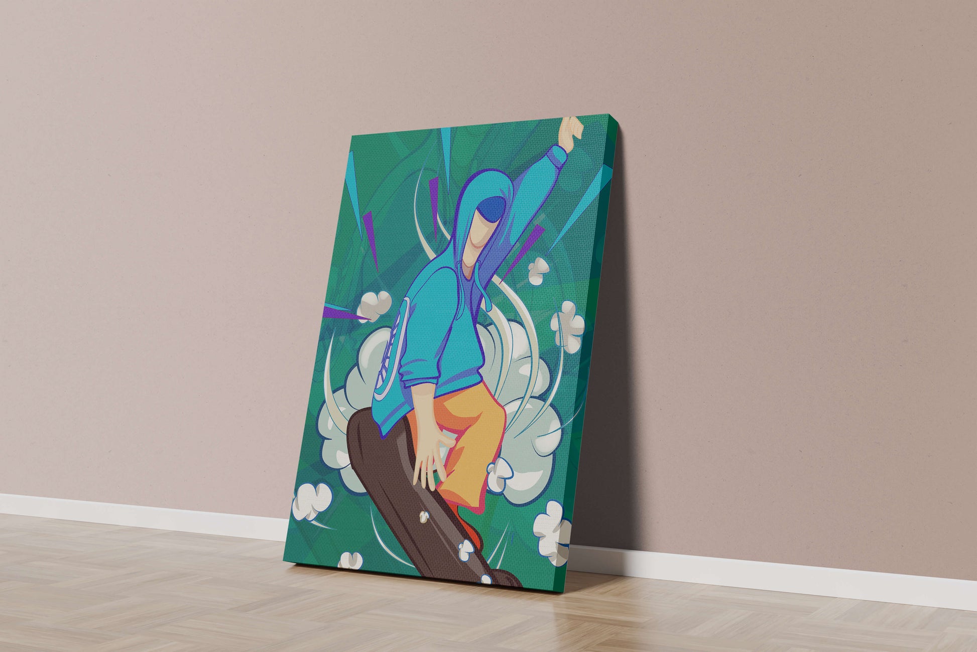 Ilustración abstracta colorida de una persona en movimiento con tonos azules y verdes