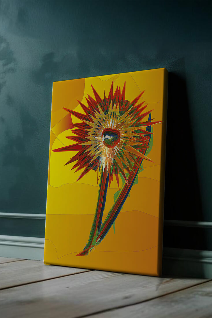 Abstract vibrant sunflower art with dynamic geometric shapes