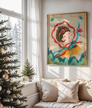 Whimsical illustration of a joyful child deity with lotus and clouds