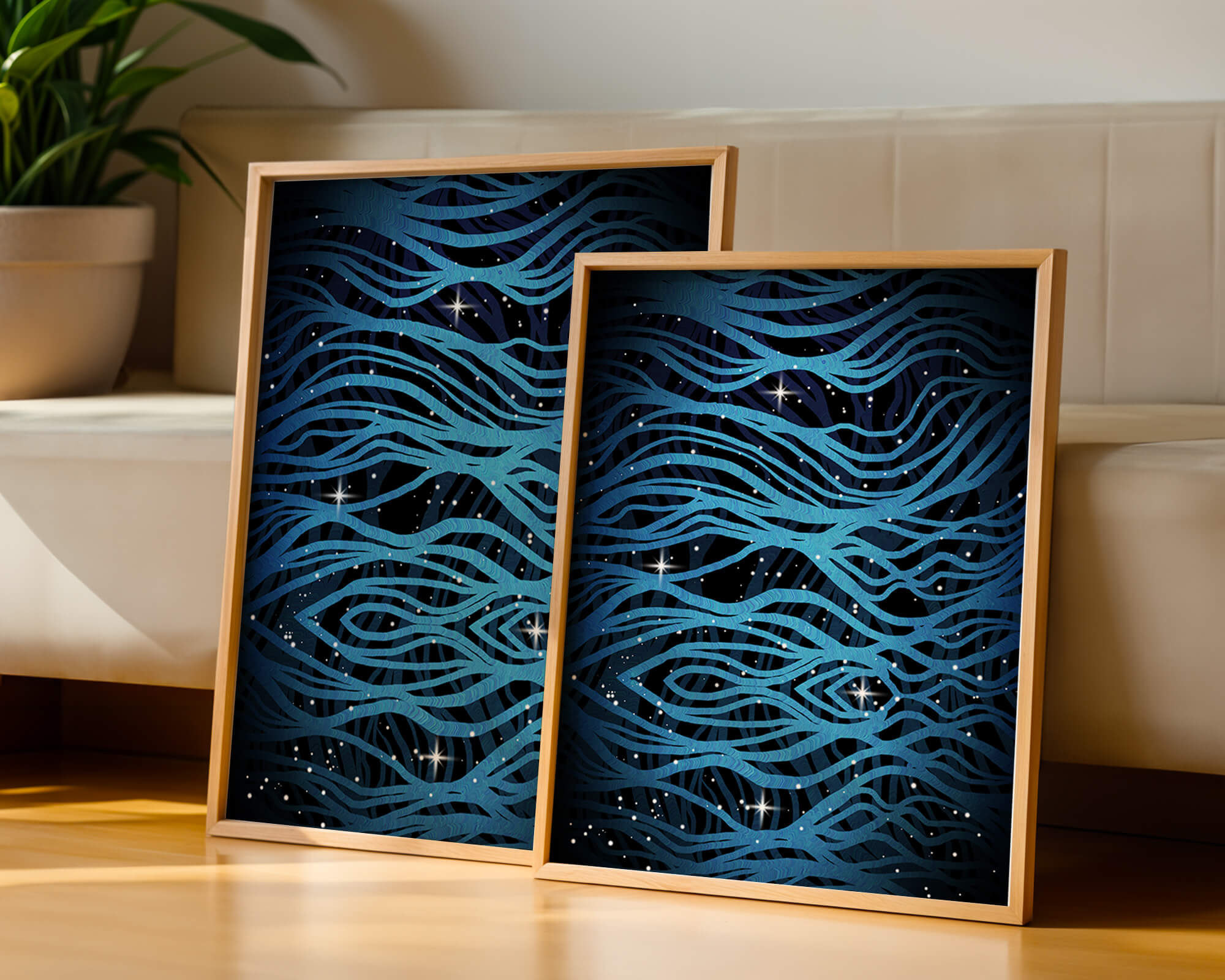 Abstract blue wave lines with starry night background