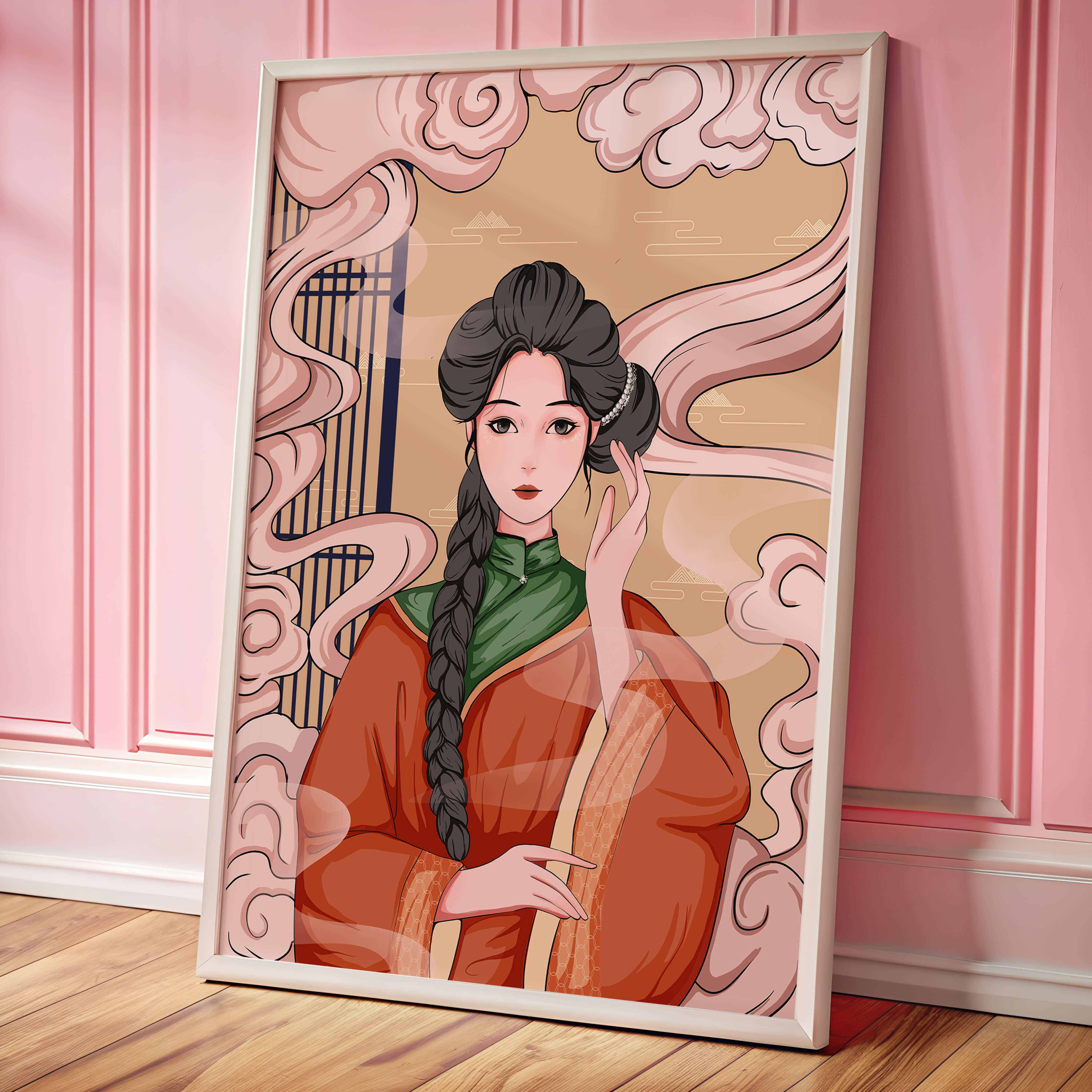 Elegant depiction of a woman in traditional attire with swirling clouds
