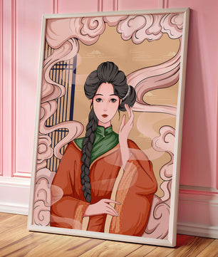 Elegante representación de una mujer con atuendo tradicional y nubes giratorias