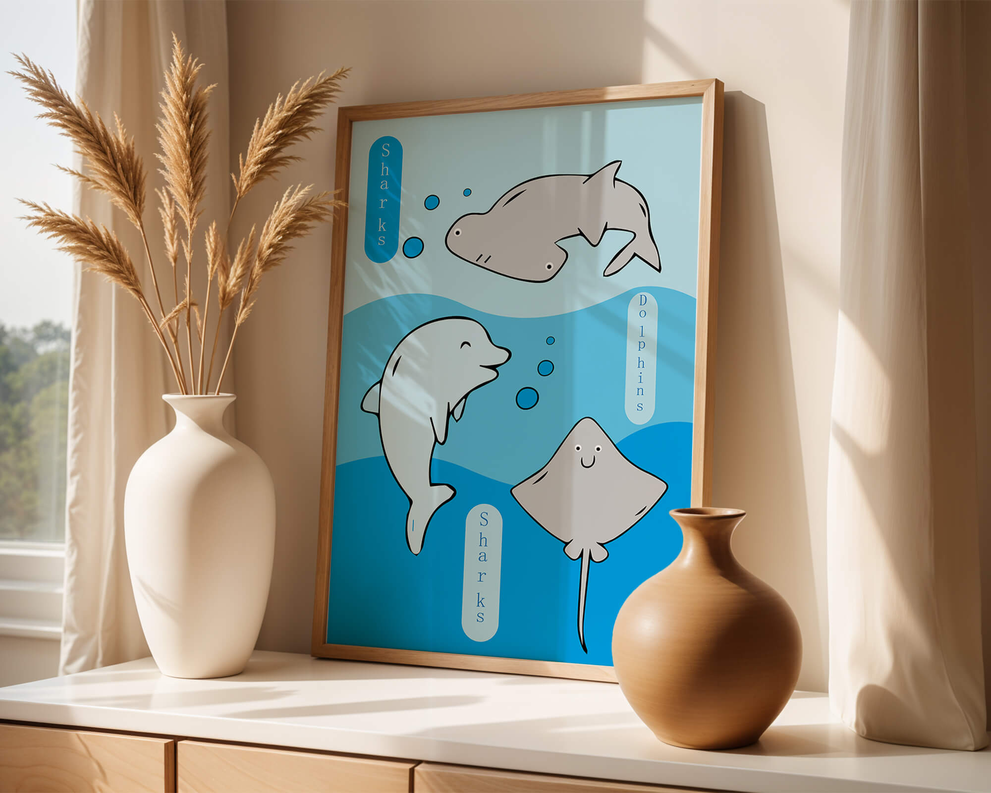 Cartoon sea animals illustration with shark, dolphin, and stingray