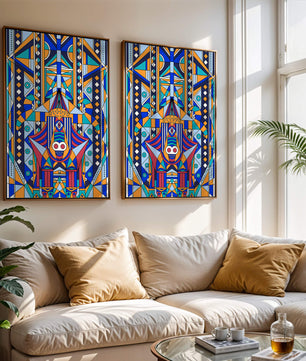 Arte tribal abstracto geométrico con patrones simétricos en azul y naranja