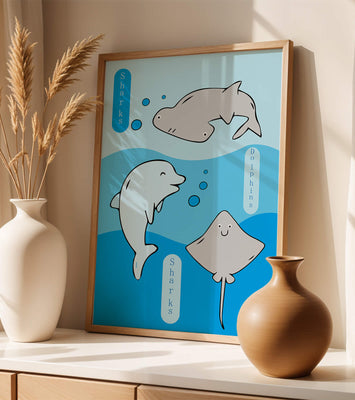 Cartoon sea animals illustration with shark, dolphin, and stingray
