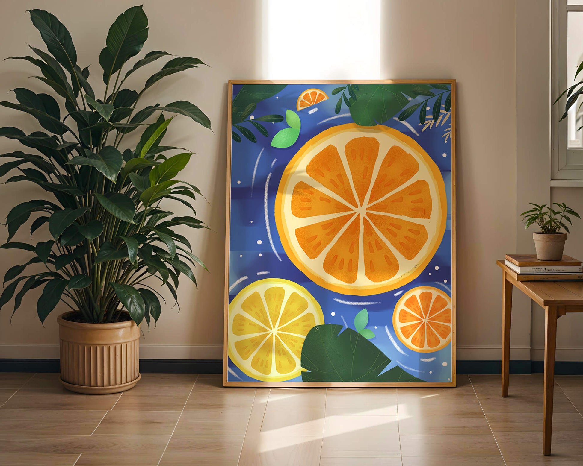 Rodajas de cítricos coloridas sobre fondo azul con hojas tropicales