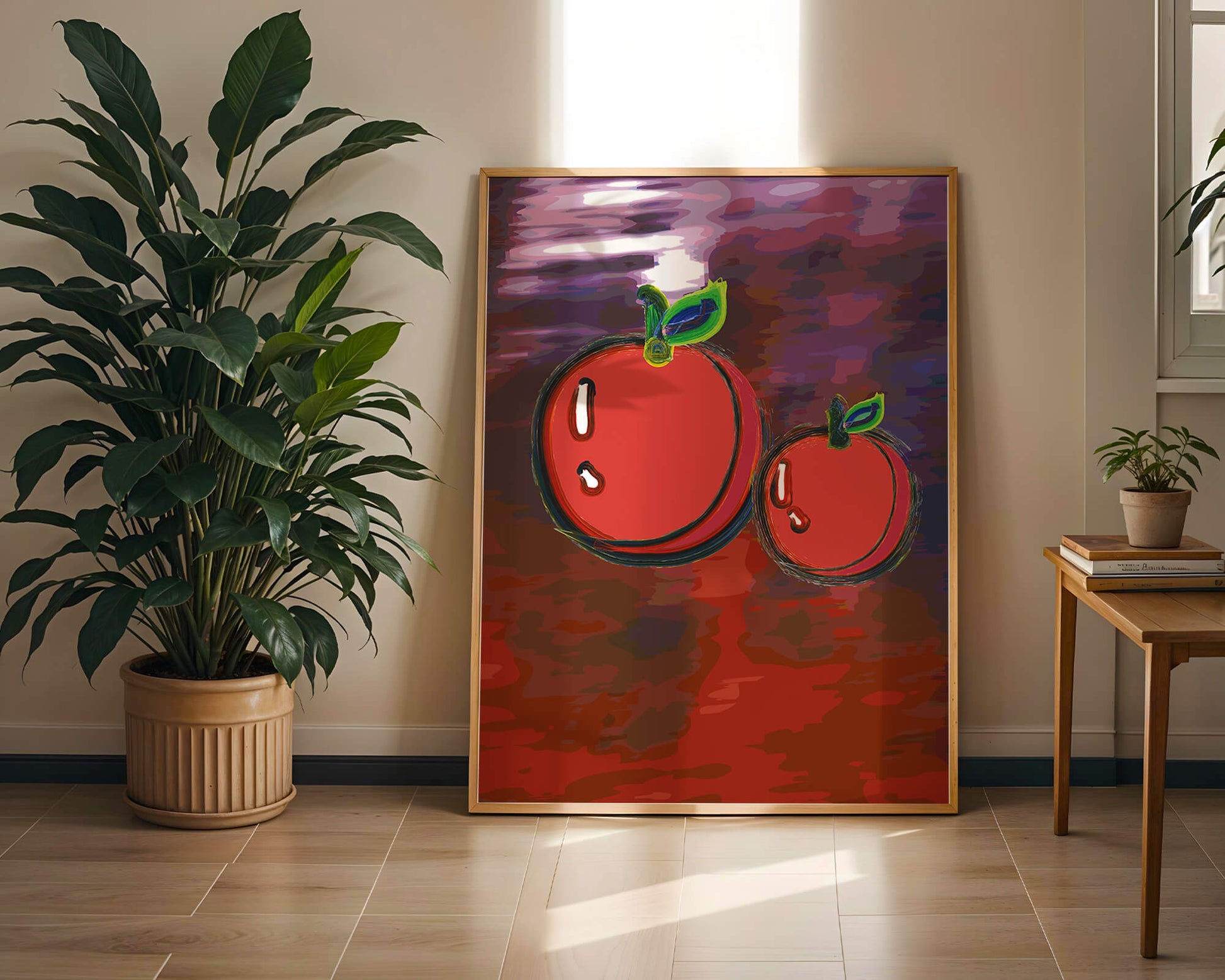 Dos manzanas abstractas con fondo colorido
