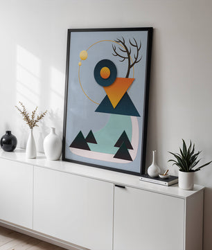 Abstract Geometric Landscape with Mountain and Sun - Mi tienda