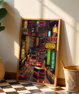 Vibrant urban street with neon signs and bustling traffic at night
