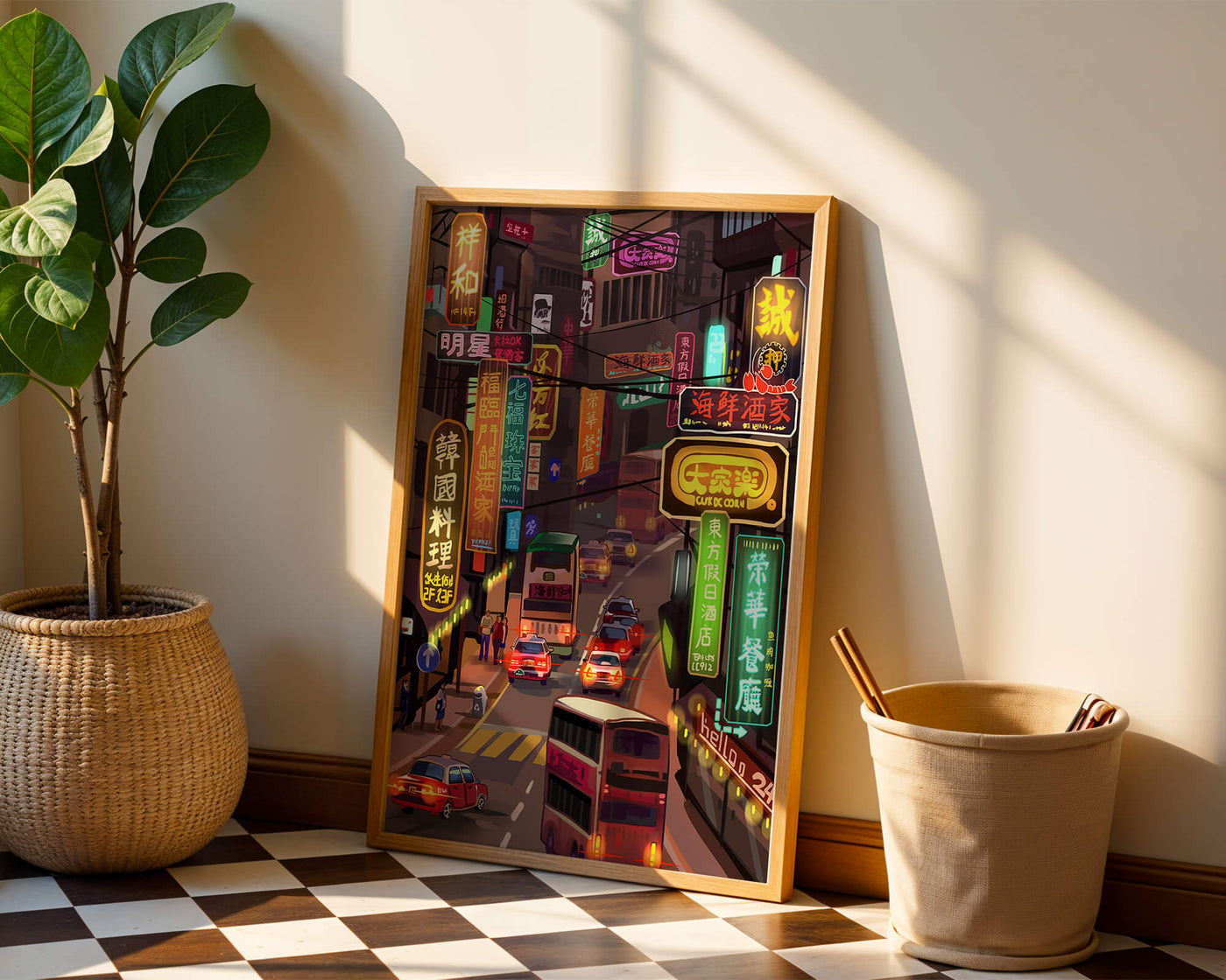 Vibrant urban street with neon signs and bustling traffic at night
