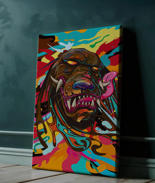 Cabeza de león abstracta y colorida con remolinos vibrantes