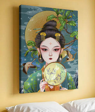 Elegante representación de una mujer con atuendo tradicional sosteniendo un abanico decorativo