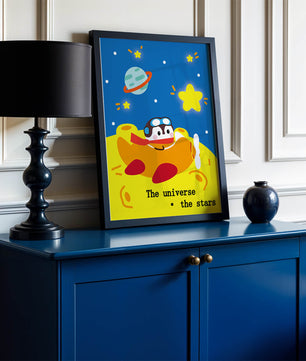 Colorful cartoon airplane with stars and planets in space