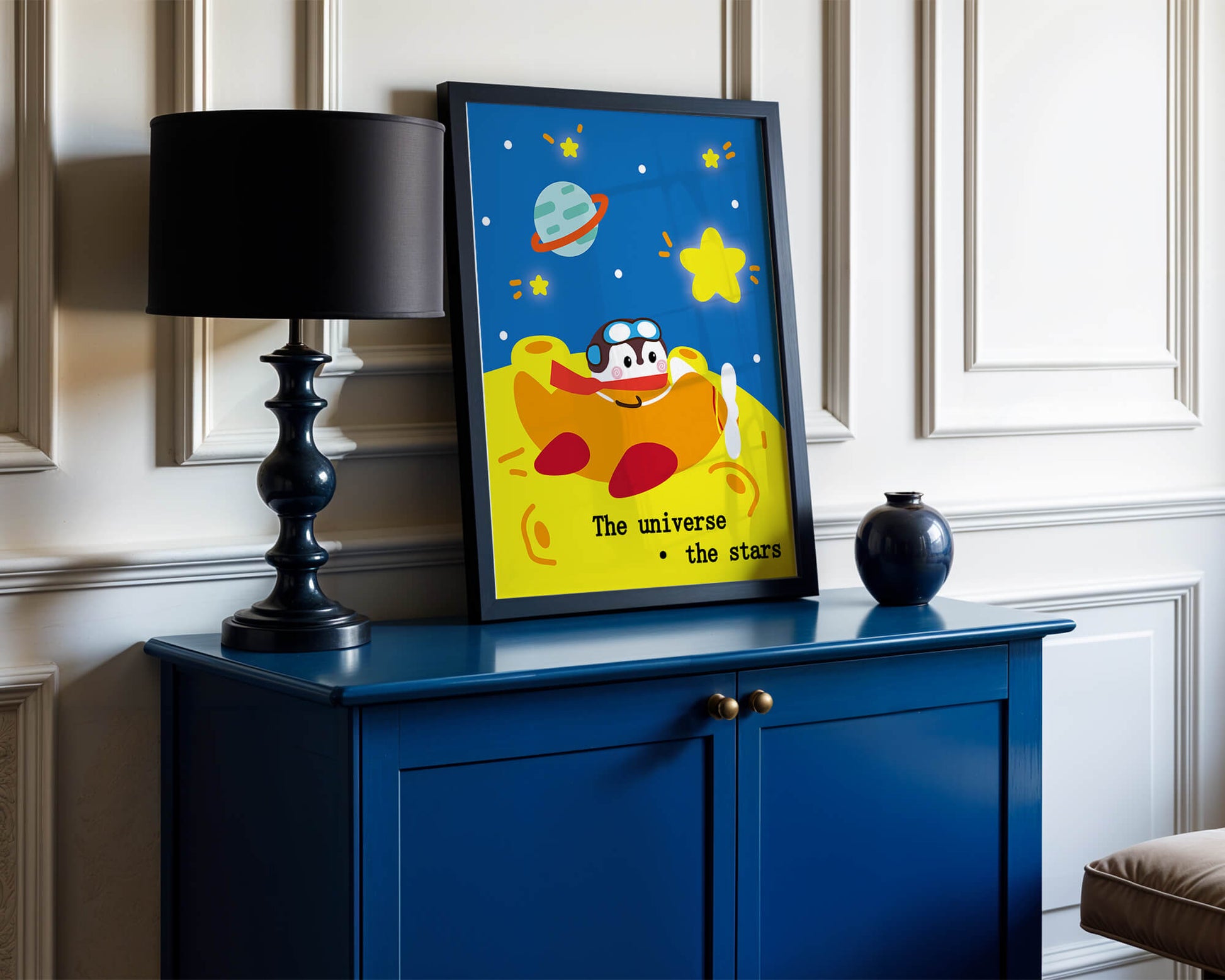 Colorful cartoon airplane with stars and planets in space