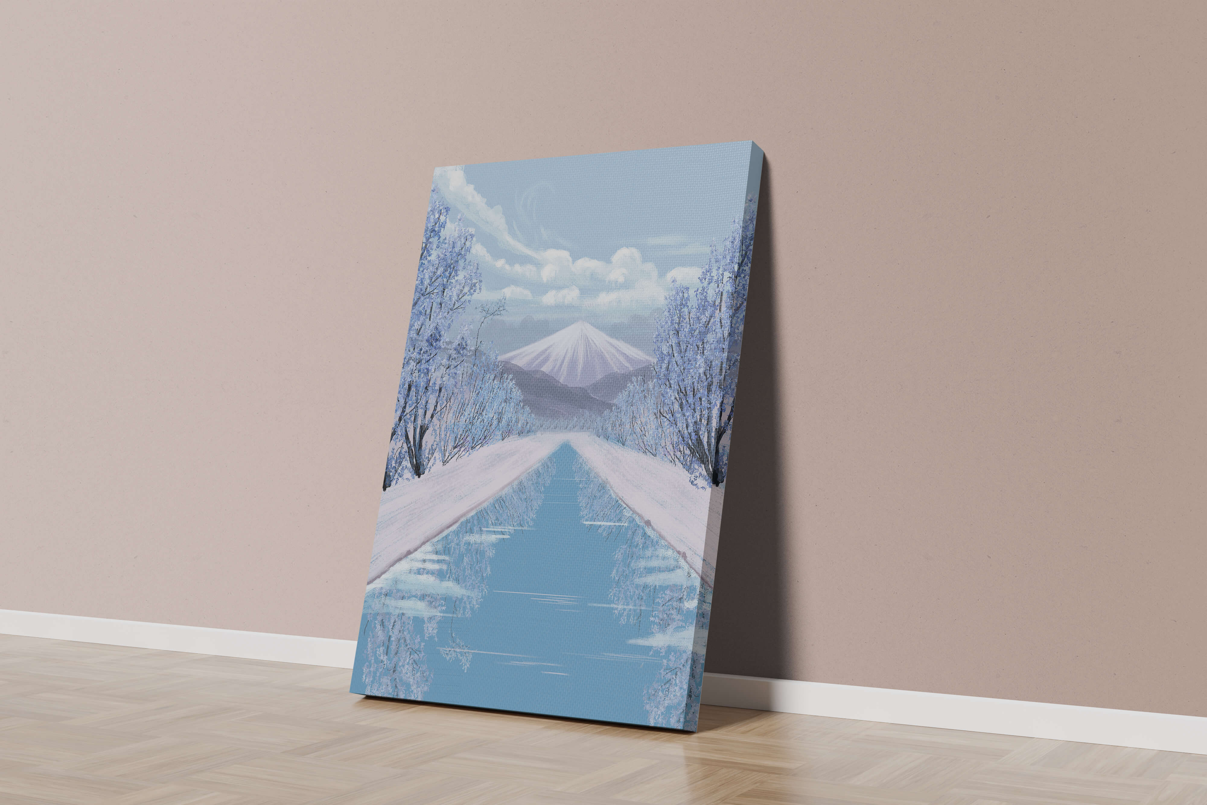 Serene winter landscape with mountain and snowy trees reflecting in water
