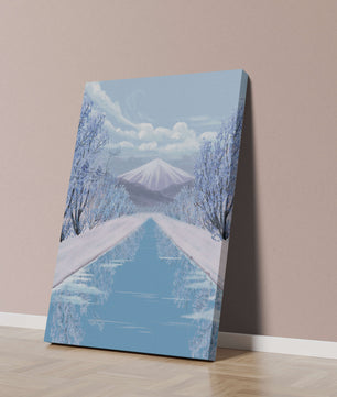 Serene winter landscape with mountain and snowy trees reflecting in water