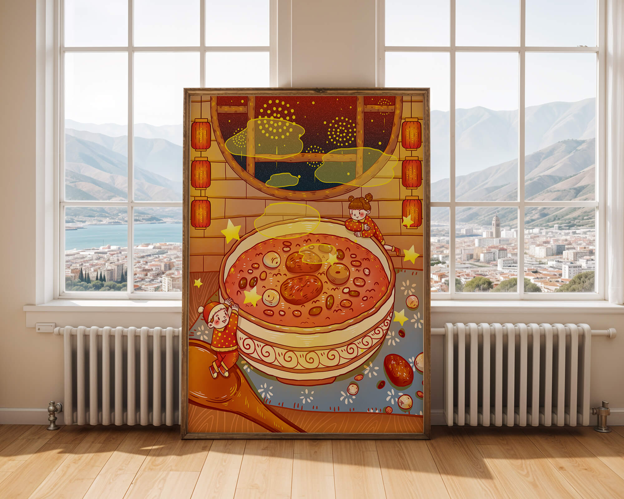 Cozy festive scene with children, a large bowl of soup, and lanterns
